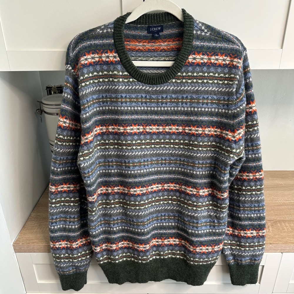 J.Crew Lambswool Blend Fair Isle Crewneck Sweater Mens L Heritage Nordic Cabin
